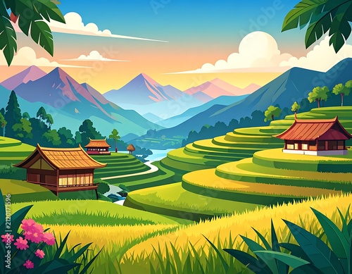 Serene mountain valley with traditional village and blooming flowers.