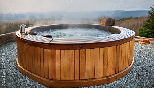 round wooden hot tub with bubbling water and stone base