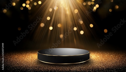black podium product stage with spotlight and golden glitter background