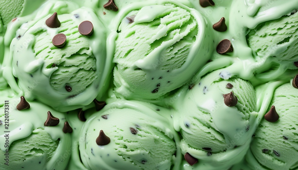 Obraz premium mint chocolate chip flavor gelato full frame background banner detail close up of a surface texture of mint chocolate chip ice cream
