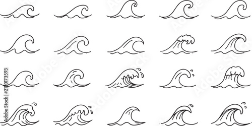 Hand drawn wave icons in black outline on a white background representing various ocean water movements