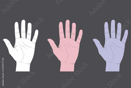 Three open human hands in white, pink, and light blue on dark gray