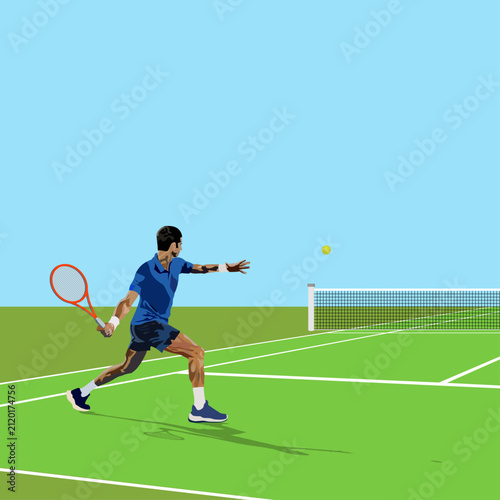 Professional male tennis player hitting ball with racket on court vector illustration. Man playing tennis match on grass court flat design.