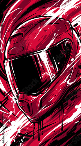 Stylized graphic illustration of a red racing helmet with bold black and white accents and splashes