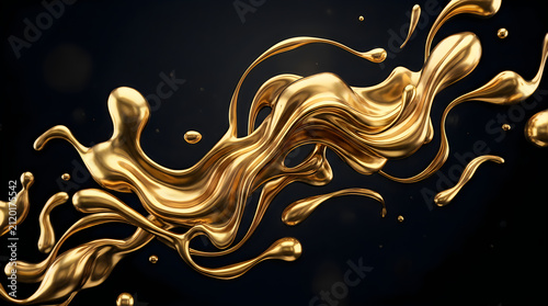 Abstract liquid gold splash with smooth flowing wave shape on dark black background