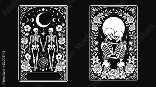 Romantic skeleton halloween tarot card vector illustration featuring mystical lovers with floral moon and star elements in a vintage gothic art style