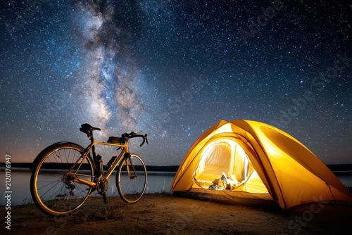 Cyclist camping under a starry sky by the lake at night