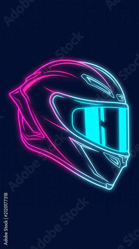 Digital illustration of a futuristic motorcycle helmet with glowing pink and cyan neon outlines