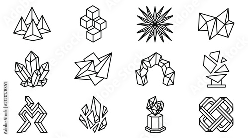 Bild auf Leinwand Minimalist wireframe geometric icons and crystalline shapes.