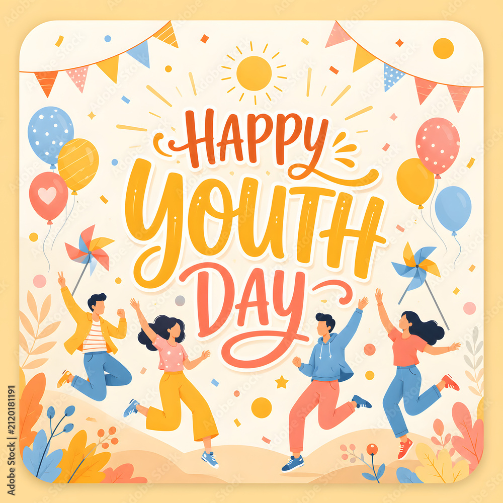 Fototapeta premium International Youth Day celebration concept featuring diverse young people, global unity, youth empowerment, education, innovation, equality, leadership, and a hopeful vision for the future. Modern co