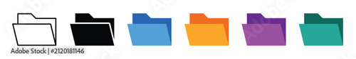 Colorful open folder icon set in outline, solid black, and flat color styles for UI design and document management vector illustration