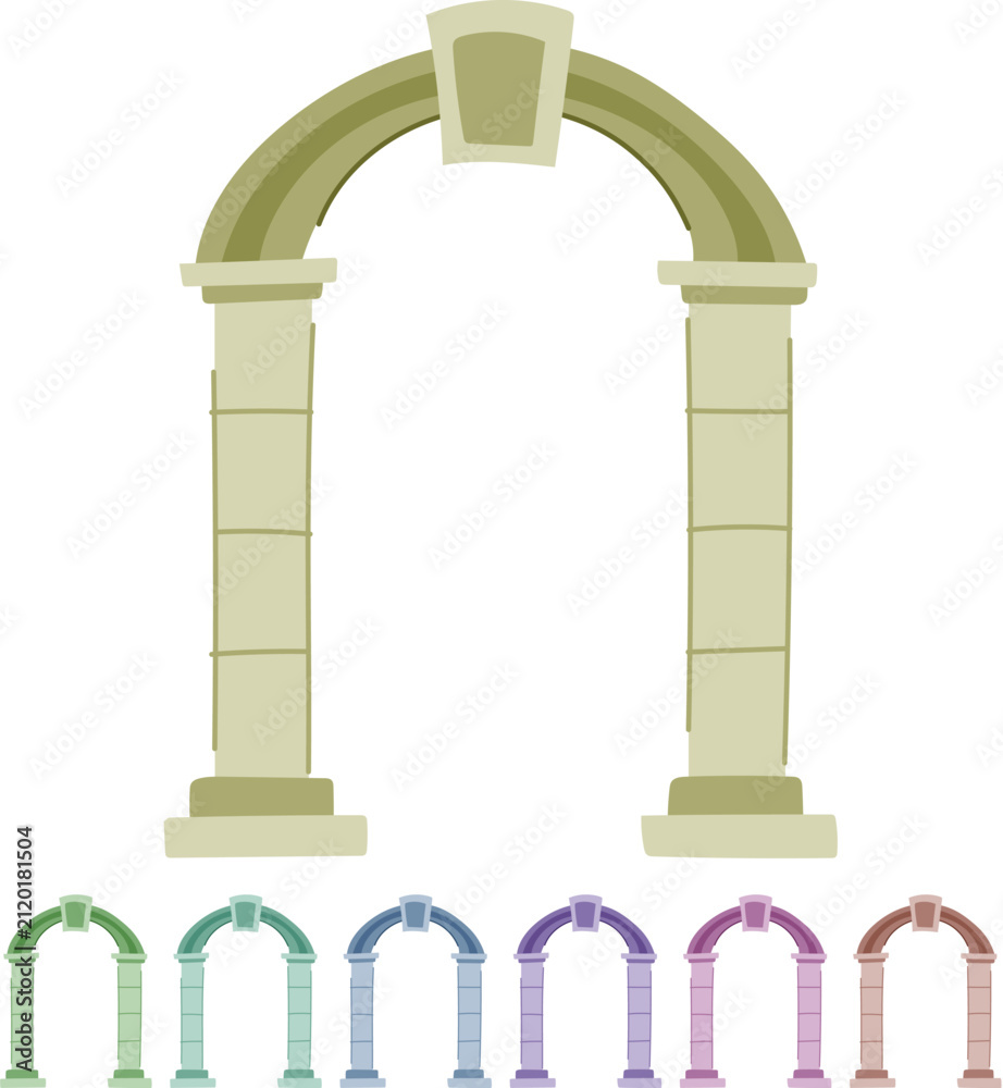 Fototapeta premium Stone arch gate as a minimalist decorative entrance symbol, evoking historic architecture, passage, portal and classical columns in a flat, simplified vector style