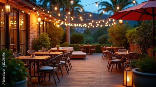 Terraza de cócteles iluminada con guirnaldas de luces y farolillos, asientos cómodos y plantas tropicales