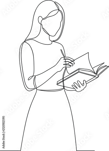 Minimalist Continuous One Line Woman Reading Book Vector Education Illustration