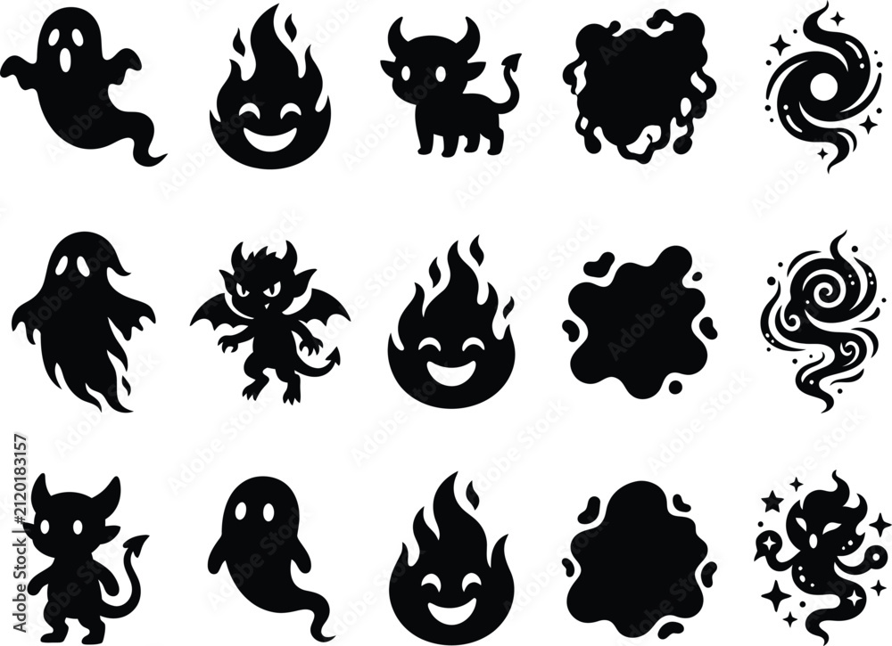 Obraz premium Set of cute spooky halloween characters and magical elements in a flat black silhouette