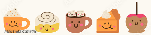 Collection of cute autumn food and drink characters. Flat vector illustration funny thanksgiving bakery dessert mascot 