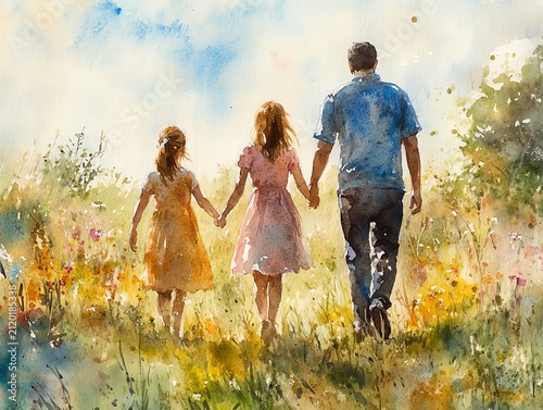 Watercolor painting of a family of four, parents and two daughters, walking handinhand