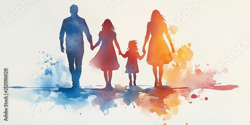 Watercolor painting of a family of four, parents and two daughters, walking handinhand