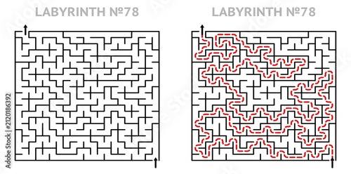 Maze challenge with answers. Square labyrinth 21x21 with solution. Ready to use geometric texture for printing.