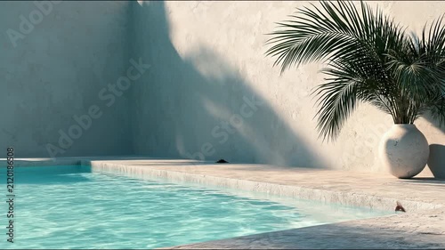 A tranquil pool with rippling blue water, bordered by a light stone deck and a tall palm tree casting a moving shadow on a.