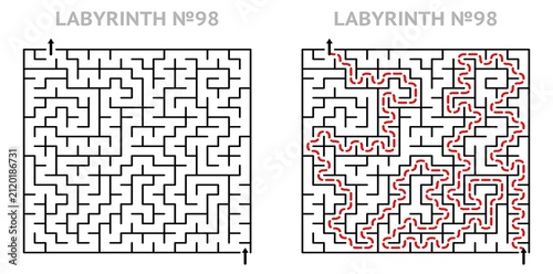 Square labyrinth 21x21 with solution. Maze for kids activity. Labyrinth game grid with answers. Medium difficulty.