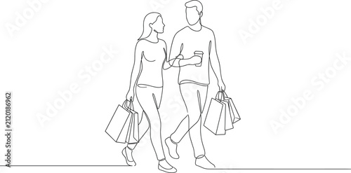 Minimalist Continuous One Line Drawing of Shopping Couple Walking with Bags and Coffee