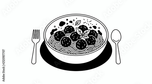 Food illustration with pasta and meatballs served in a bowl with cutlery