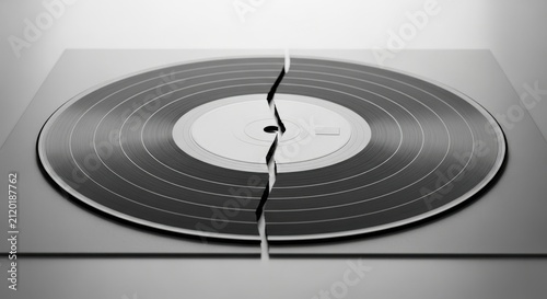 A classic, irreparable black vinyl record, meticulously split and fractured down its center, lies flat on a pristine, minimalist grey background under soft, diffused studio lighting, powerfully