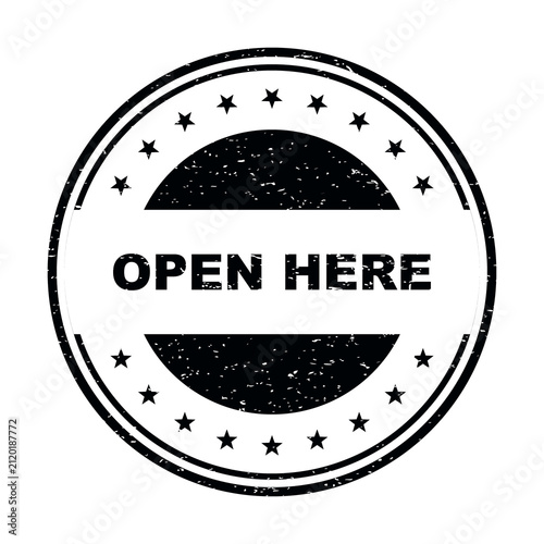Black round stamp sign with the text open here in a vintage grunge style isolated on transparent background