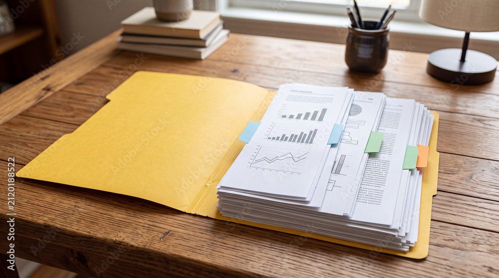 Obraz premium A business folder with stacked financial charts, data graphs, and document dividers laid out on a wooden office table.