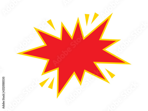 This illustration features a comic-style graphic in the shape of a red and yellow starburst or explosion.