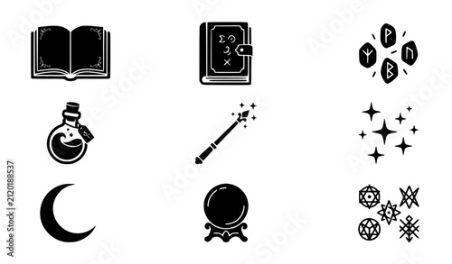 Bild auf Leinwand Spell book magic elements vector set with wizard book potions runes and mystical