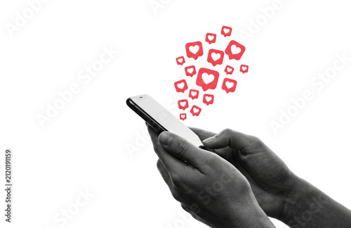Smartphone hands receiving social media heart likes
