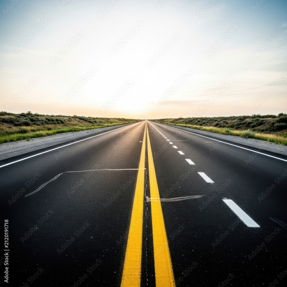 Obraz premium A long empty asphalt road stretching towards the horizon at golden sunset