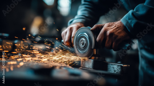 Man uses grinder on metal piece in workshop during evening hours, sparks fly from the tool creating a bright scene of craftsmanship and skill