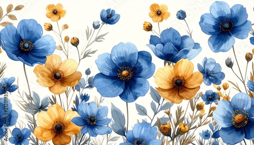 Watercolor blue and yellow floral garden illustration on white background
