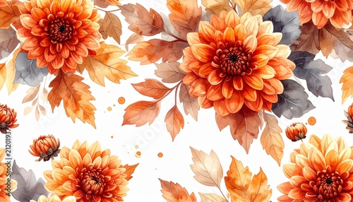 Watercolor autumn floral pattern with orange chrysanthemums and leaves on white background