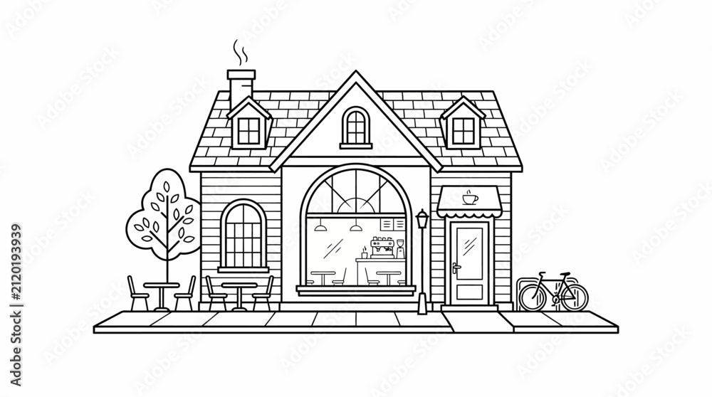 Naklejka premium Building facade with cafe and outdoor seating illustration