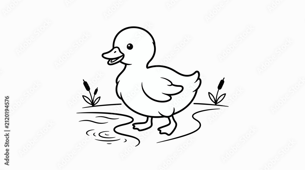 Fototapeta premium Cute cartoon duckling walking near pond with reeds simple line drawing