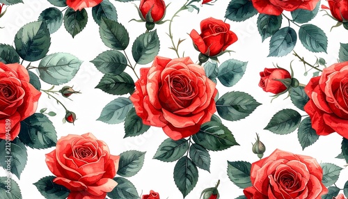 Seamless watercolor pattern of vibrant red roses and green leaves on a white background
