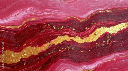 Abstract marbled artwork featuring swirling shades of red and pink with striking gold accents, creating a luxurious textured effect.