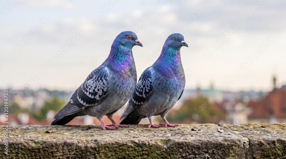 Obraz premium Pair of urban pigeons perched on stone ledge overlooking blurred city skyline, two adult rock pigeons standing side by side in calm daytime overcast conditions