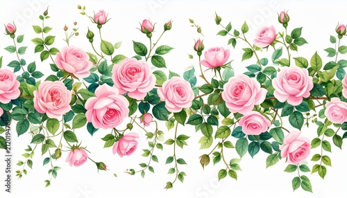 Seamless watercolor pink rose border with green foliage on white background