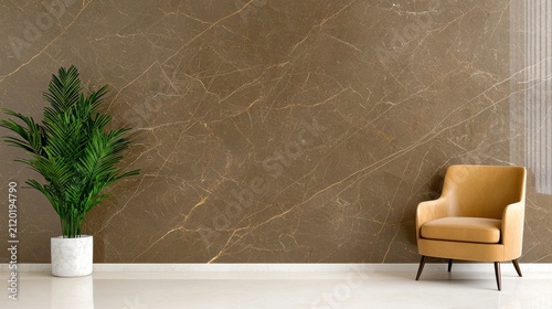 modern interior featuring a green potted plant and a mustard yellow armchair against a stylish brown marble-textured wall.