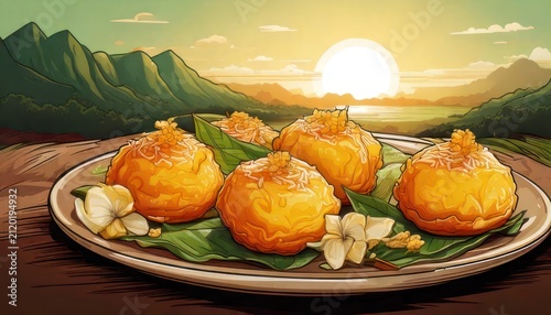Delicious Golden Fried Food Served on Banana Leaves with Mountain Sunset Backdrop.