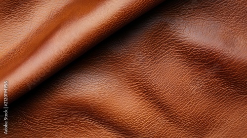 Close-up image of textured brown leather fabric with visible grain and natural folds, showcasing its rich color and supple surface.