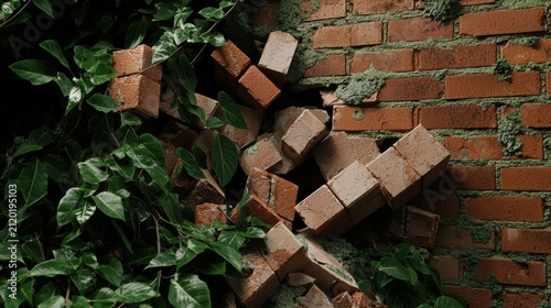 Red bricks partially dislodged from a wall are surrounded by lush green leaves and vines, highlighting nature reclaiming a man-made structure.