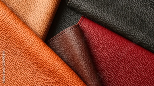 Close-up image of textured leather in various colors including orange, brown, black, and red arranged overlapping each other.