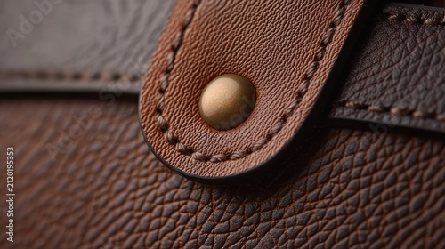 Close-up of a brown leather bag with detailed stitching and a brass button, highlighting the texture and craftsmanship of the material.