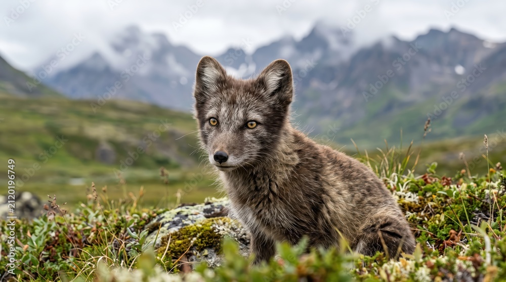 Fototapeta premium Young fox kit sitting on tundra with mountain backdrop, looking alert and observant in overcast alpine meadow natural habitat